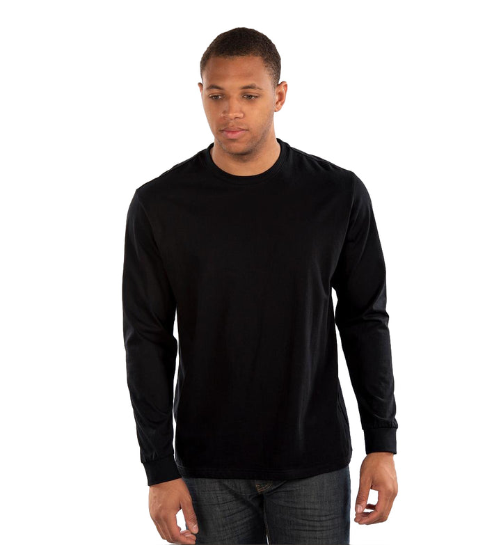 Man wearing a black City Lab Fitted Long Sleeve Shirt, Crew on a white background