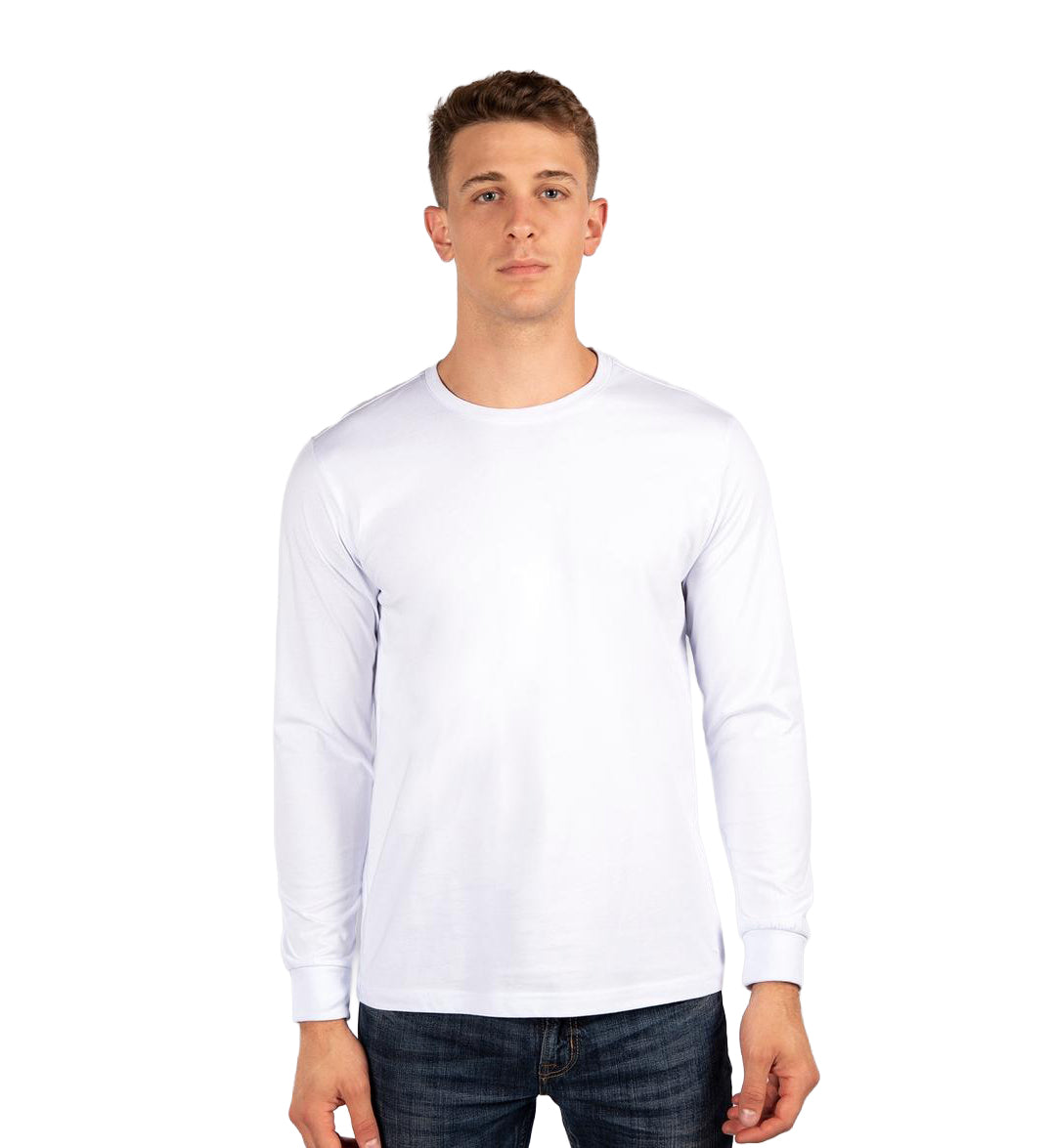 Man wearing a ice white City Lab Fitted Long Sleeve Shirt, Crew on a white background