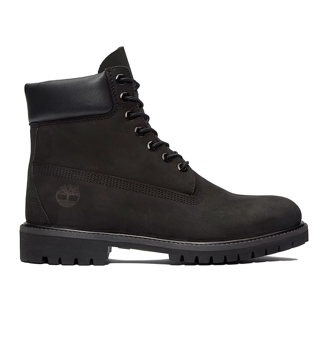 Black Timberland boot with brand logo on a white background