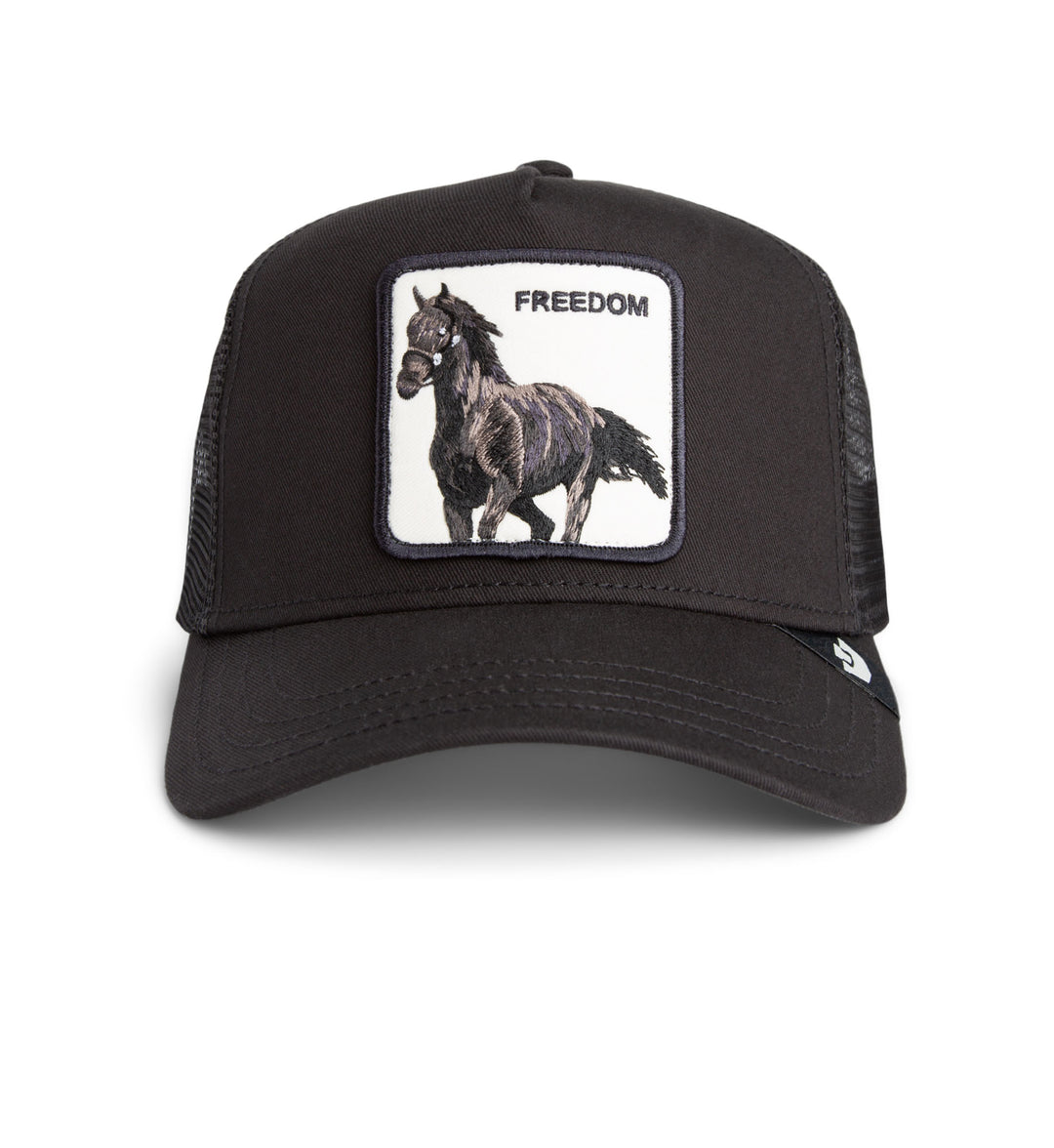 Void (Black) Goorin Bros Freedom Horse trucker cap with horse and 'Freedom' patch on a white background