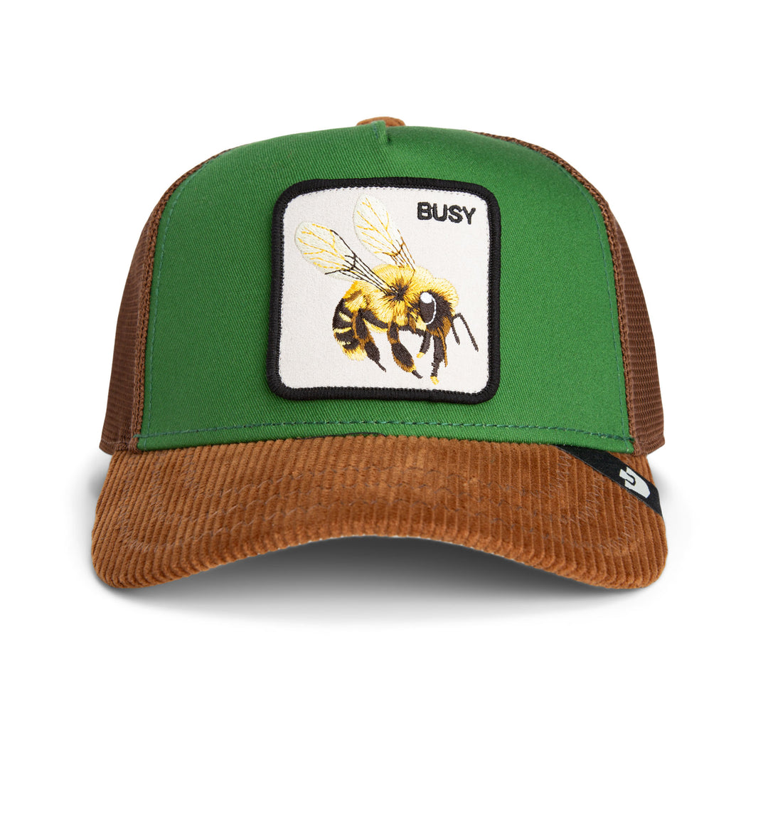 Green and brown Goorin Bros Busy Remix trucker cap with a bee patch and 'BUSY' text on a white background