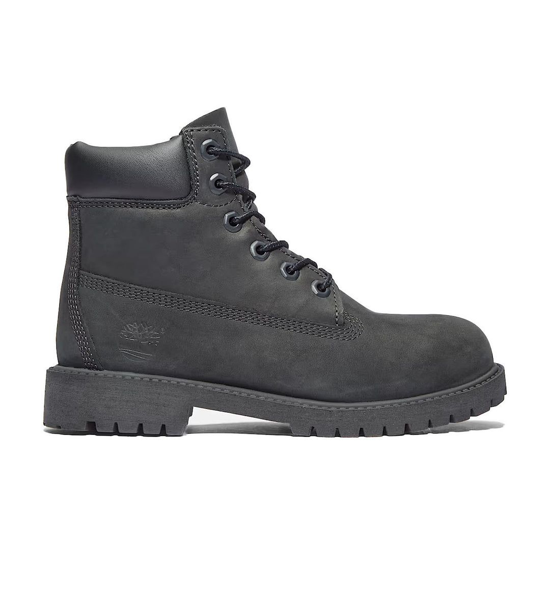 Black Timberland Premium 6-Inch Waterproof Grade school boot on a white background