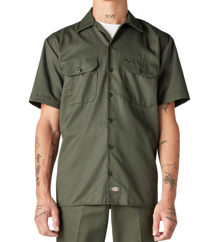 Olive Green Dickies Short Sleeve Work Shirt on a white background
