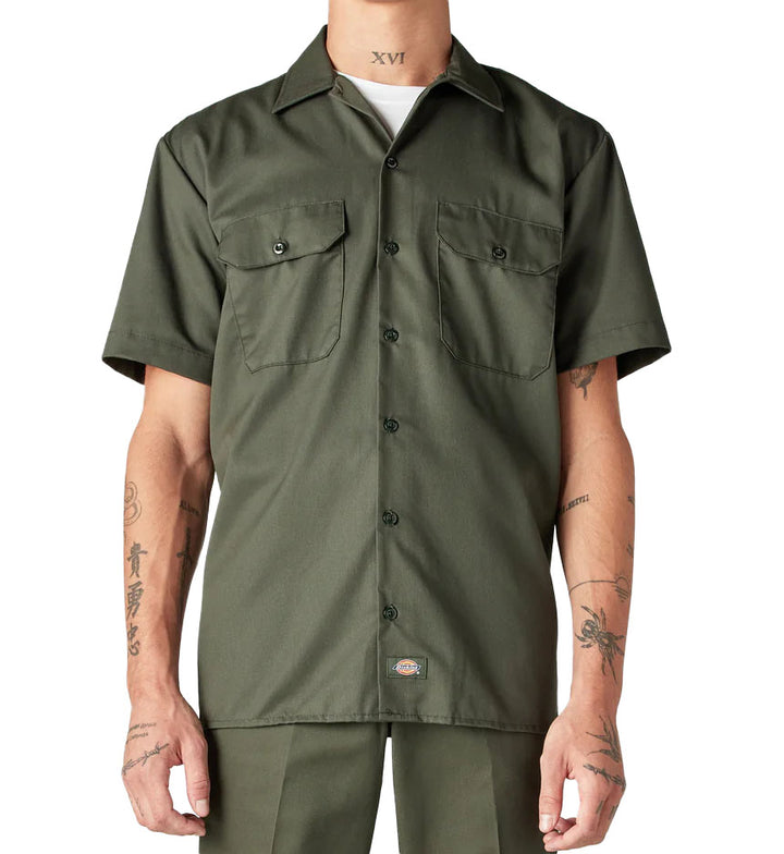 Olive Green Dickies Short Sleeve Work Shirt on a white background