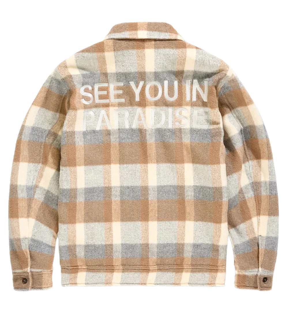 Plaid SYIP Hooded Flannel Shacket — Khaki with 'SEE YOU IN PARADISE' text on a white background