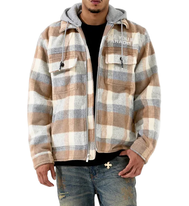 Person wearing a plaid SYIP Hooded Flannel Shacket — Khaki with a hood on a white background