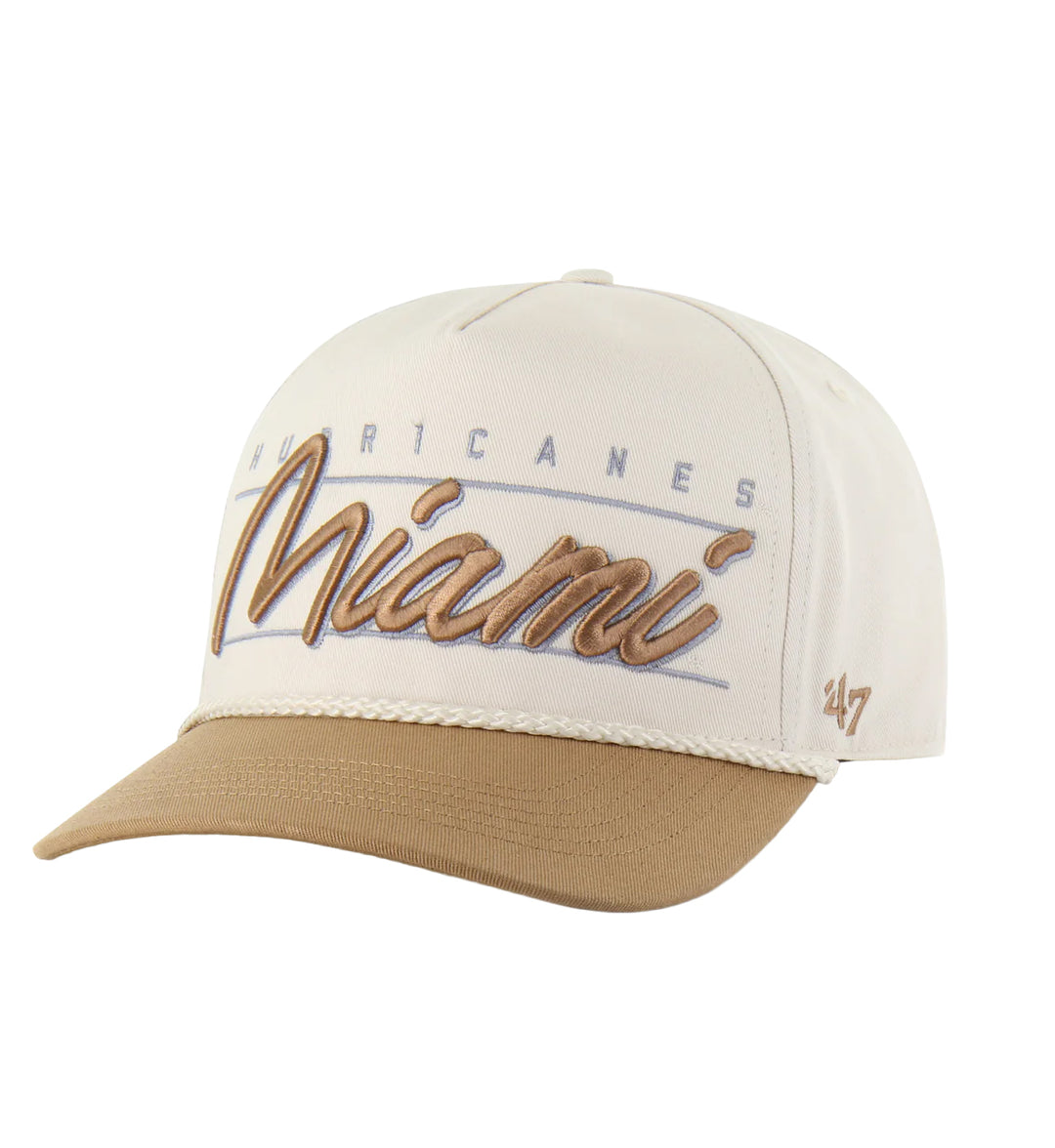 Beige and brown Miami Hurricanes Condor Twill Two Tone ’47 Hitch cap with 'Miami Hurricanes' text on a white background