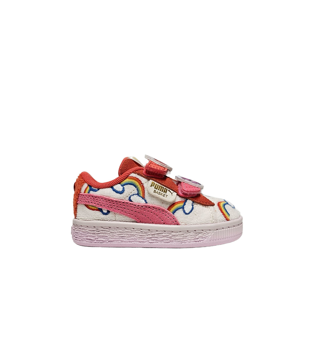 Children's Puma sneaker with rainbow and cloud design on a white background