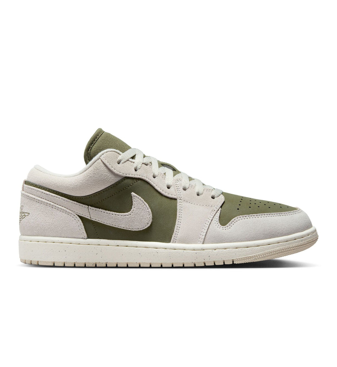 A Nike Air Jordan 1 Low SE sneaker in medium olive green and sail-colored suede on a white background