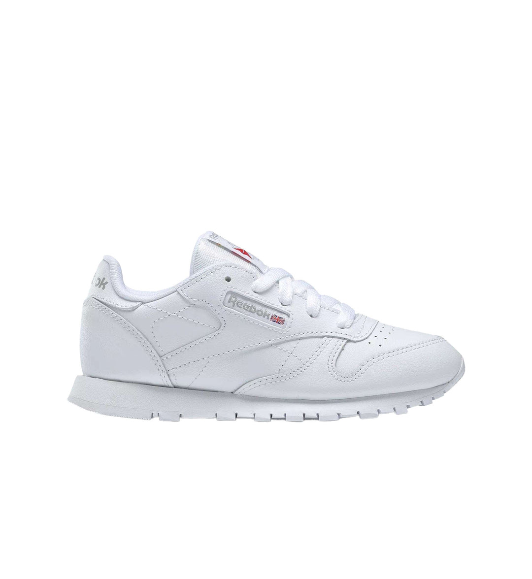 All white preschool Reebok Classic Leather on white background.