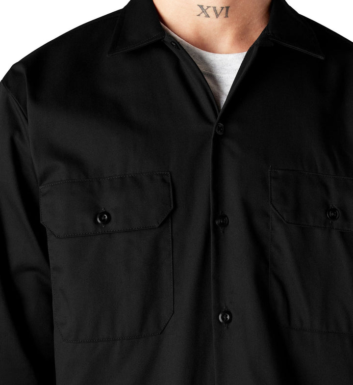 Black Dickies Long Sleeve Work Shirt worn by a person with a visible tattoo on the neck.