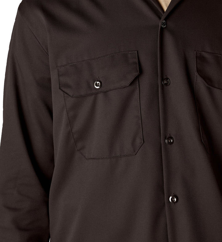 Close-up of a dark brown Dickies Long Sleeve Work Shirt with a pocket and visible buttons.