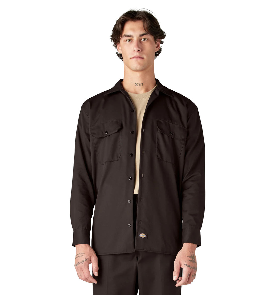 Man wearing a dark brown Dickies Long Sleeve Work Shirt on a white background