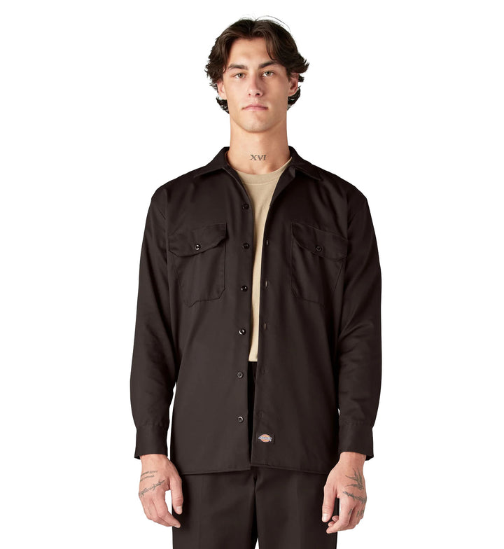 Man wearing a dark brown Dickies Long Sleeve Work Shirt on a white background