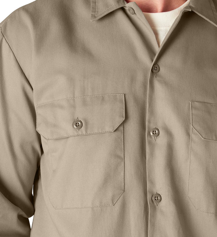 Close-up of the Desert Sand Dickies Long Sleeve Work Shirt with two front pockets.