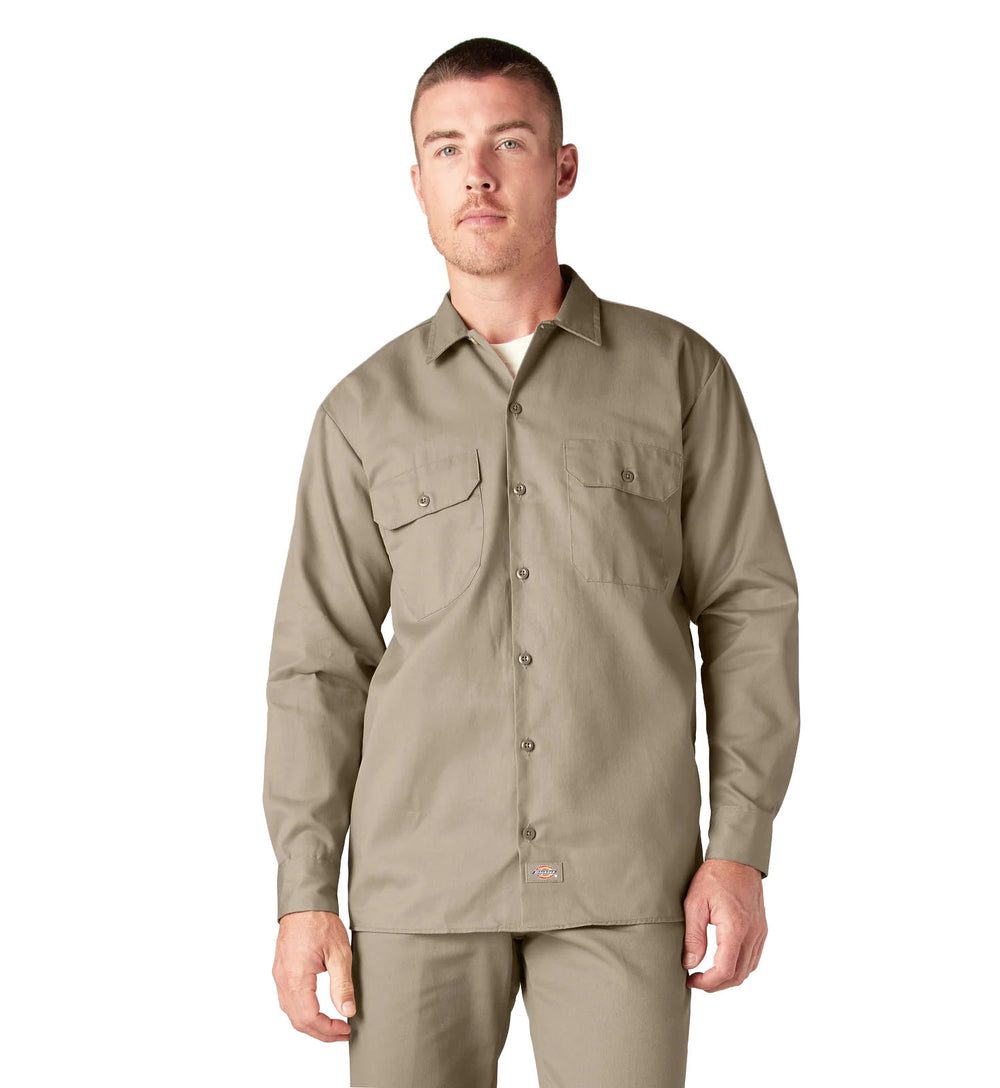 Man wearing a Desert Sand Dickies Long Sleeve Work Shirt on a white background