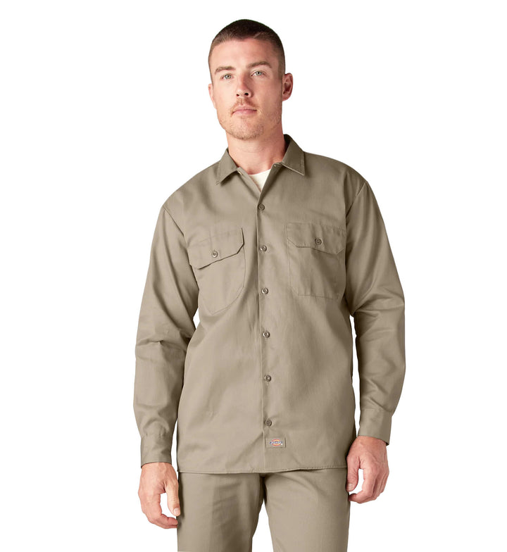 Man wearing a Desert Sand Dickies Long Sleeve Work Shirt on a white background