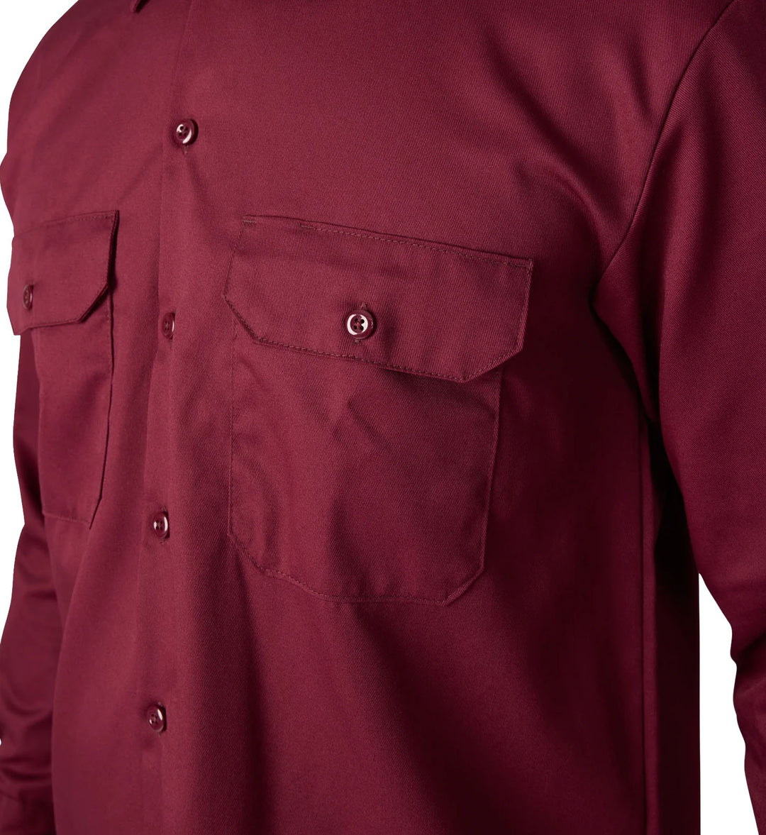 Burgundy Dickies Long Sleeve Work Shirt with two front pockets on a white background