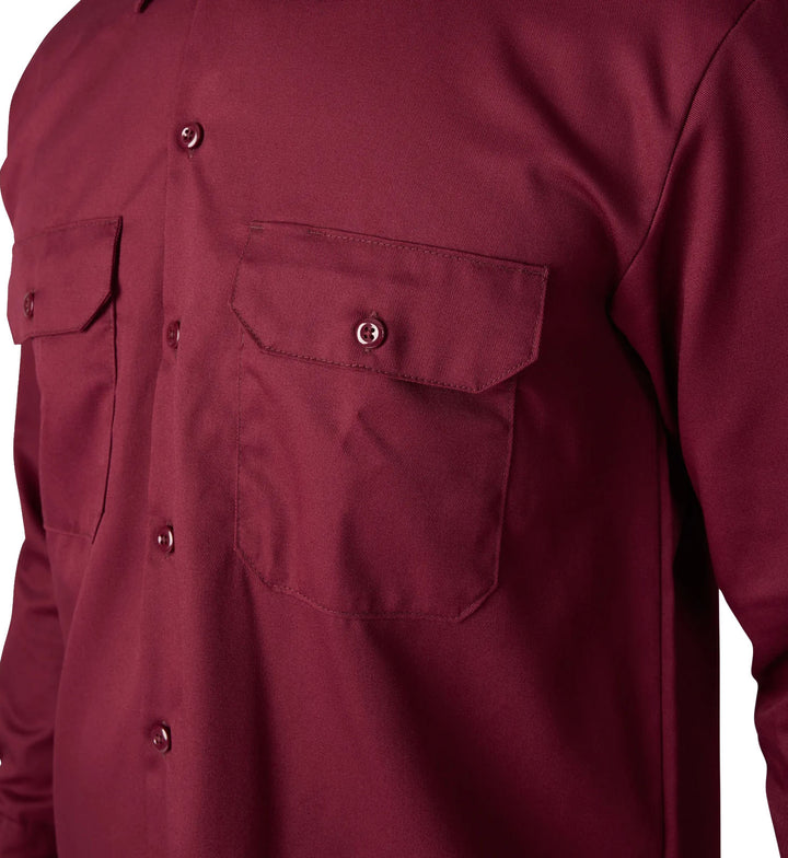 Burgundy Dickies Long Sleeve Work Shirt with two front pockets on a white background