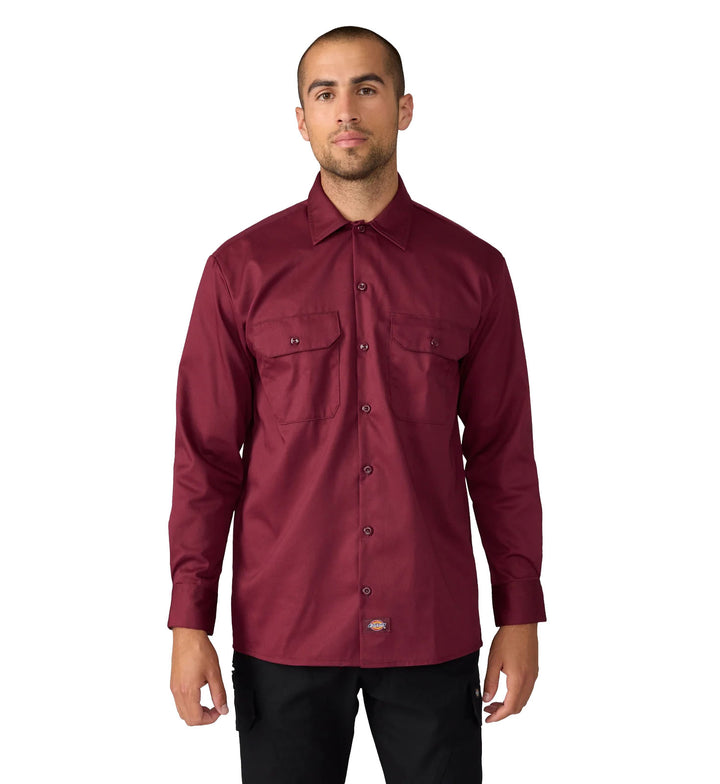 Man wearing a burgundy Dickies Long Sleeve Work Shirt on a white background