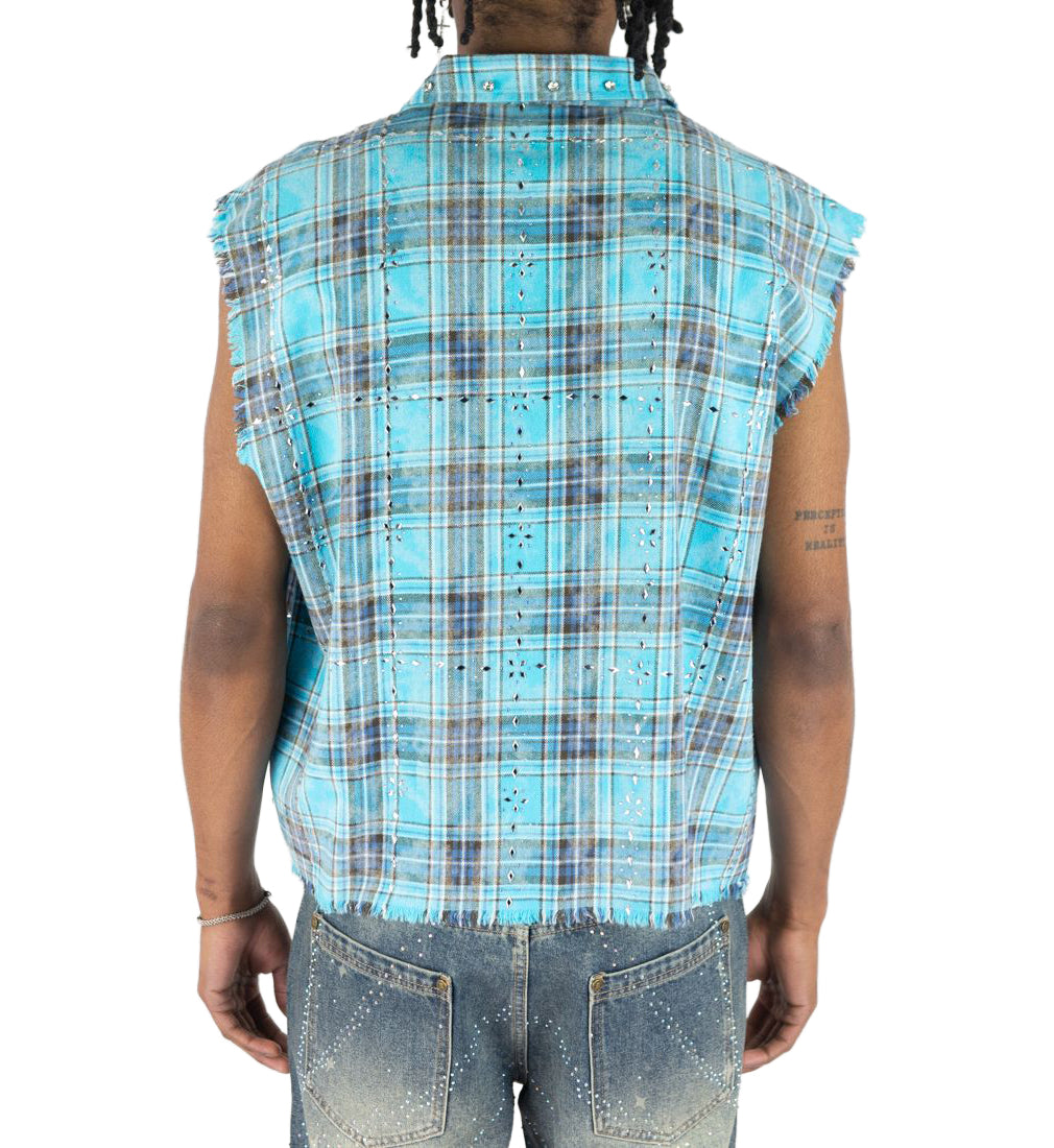 R3BEL Plaid Sleeveless Rhinestone Shirt Blue 610-32745 | Pro Feet