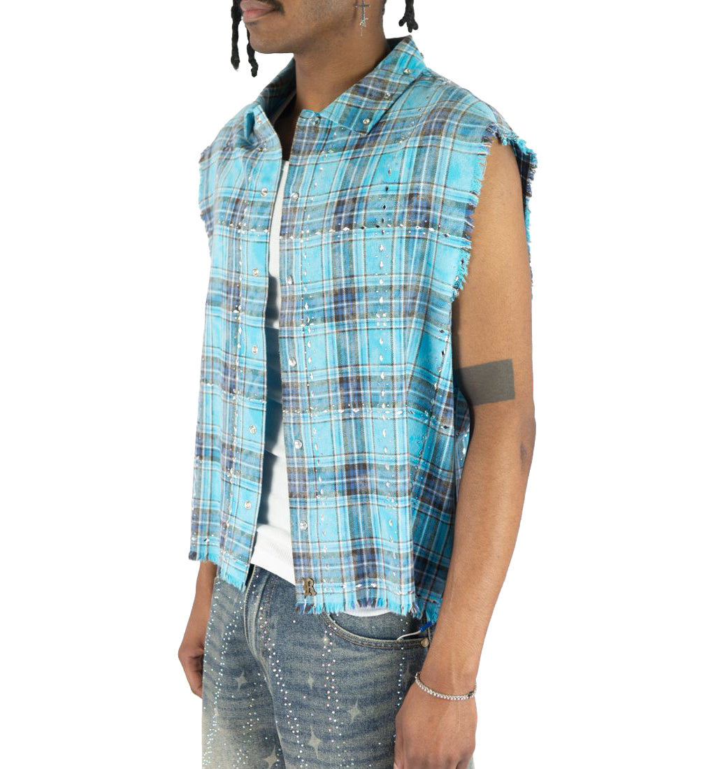 R3BEL Plaid Sleeveless Rhinestone Shirt Blue 610-32745 | Pro Feet
