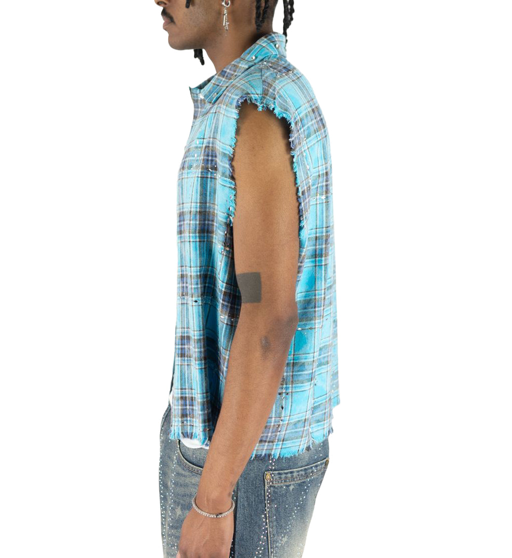 R3BEL Plaid Sleeveless Rhinestone Shirt Blue 610-32745 | Pro Feet