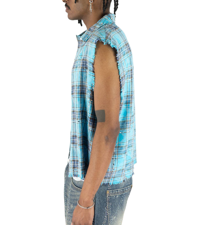 R3BEL Plaid Sleeveless Rhinestone Shirt Blue 610-32745 | Pro Feet