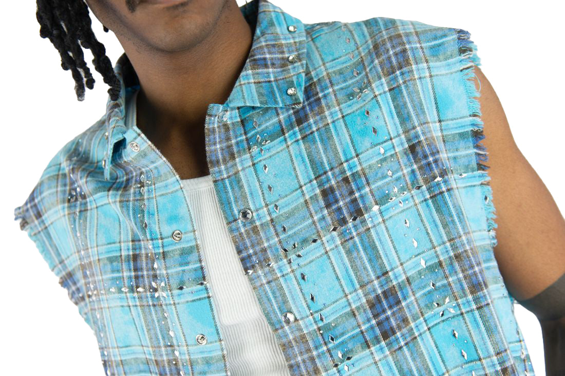 R3BEL Plaid Sleeveless Rhinestone Shirt Blue 610-32745 | Pro Feet