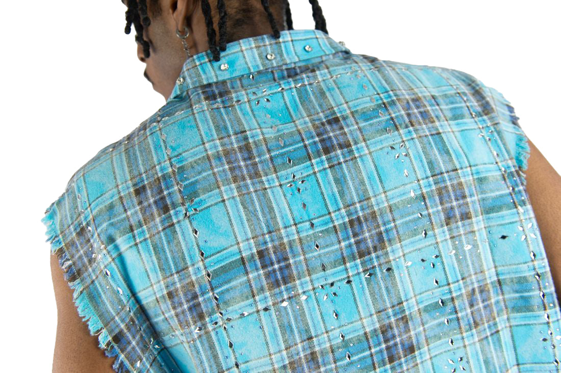 R3BEL Plaid Sleeveless Rhinestone Shirt Blue 610-32745 | Pro Feet