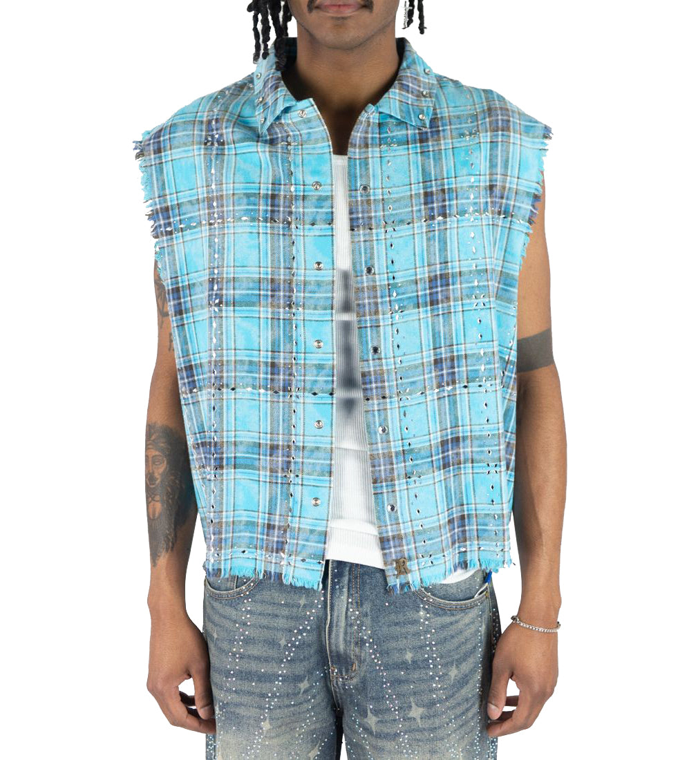 R3BEL Plaid Sleeveless Rhinestone Shirt Blue 610-32745 | Pro Feet