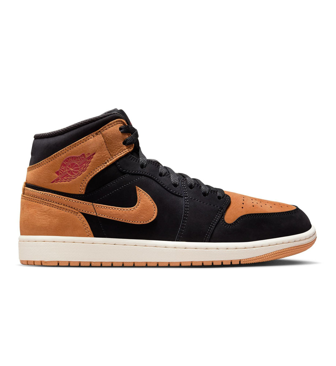 A mid-top Air Jordan 1 Mid SE sneaker in black and tan against a white background.