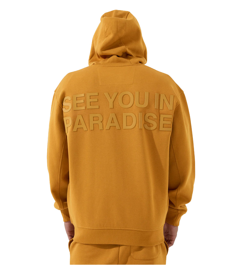 SYIP Tonal Zip Up Hoodie — Cognac with 'SEE YOU IN PARADISE' text on the back, worn by a person.