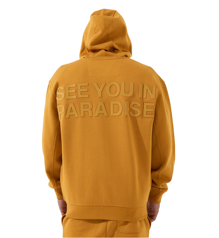 SYIP Tonal Zip Up Hoodie — Cognac with 'SEE YOU IN PARADISE' text on the back, worn by a person.