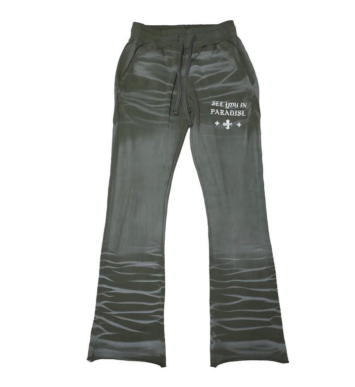 See You In Paradise Airbrush Wash Stacked Sweatpants Olive (8865L-16)