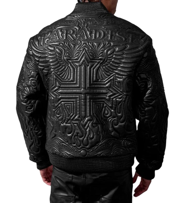 Man wearing See You In Paradise's Sinister Bomber Jacket — Black viewed from the back.