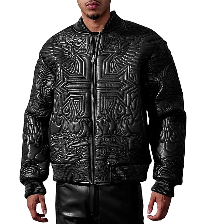 Man wearing See You In Paradise's Sinister Bomber Jacket — Black