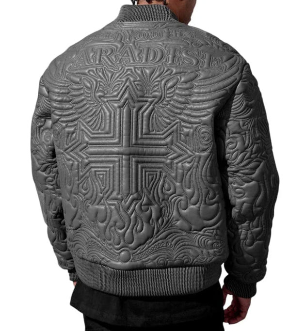 Man wearing See You In Paradise's Sinister Bomber Jacket — Charcoal viewed from the back