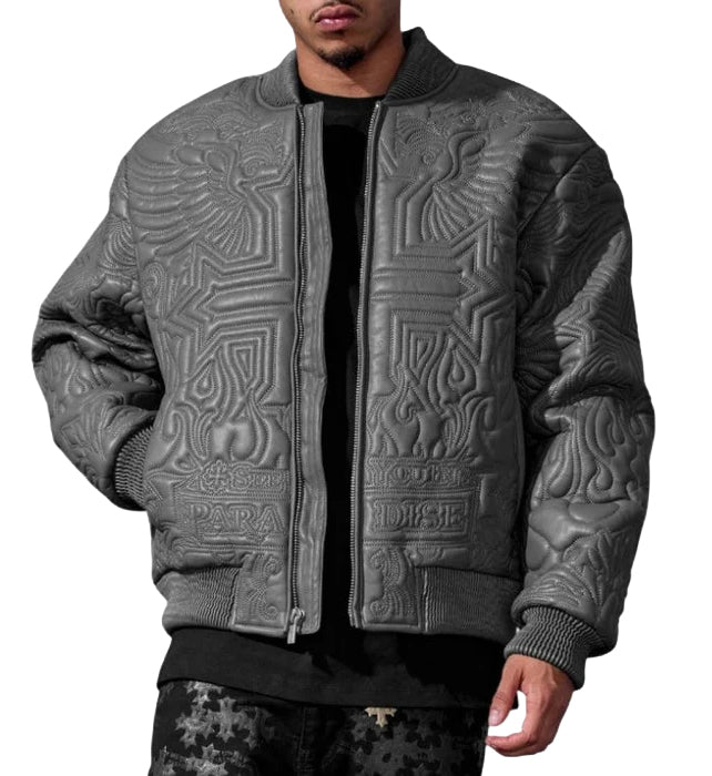 Person wearing See You In Paradise's Sinister Bomber Jacket — Charcoal
