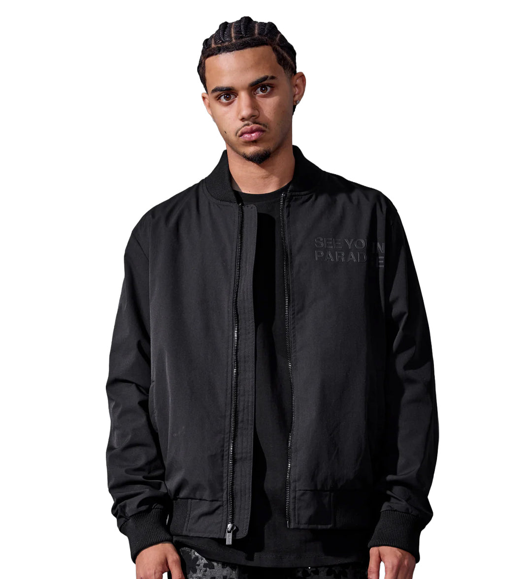 Man wearing See You In Paradise's Cruel Intentions Bomber Jacket — Black