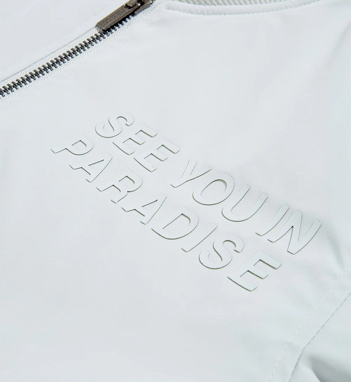 Detail of Cruel Intentions Bomber Jacket — Light Grey 'SEE YOU IN PARADISE' text 