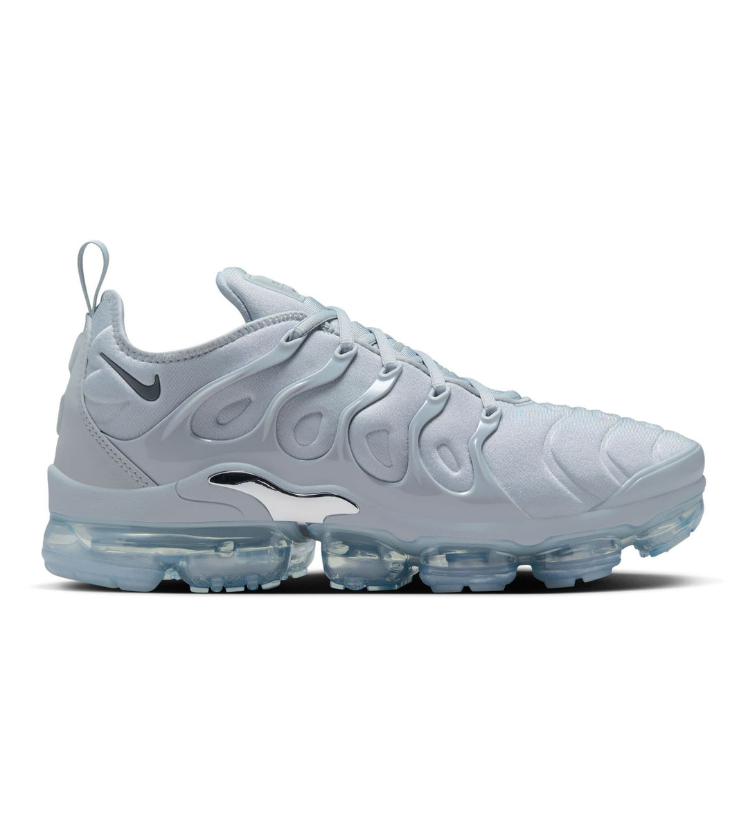 White and light gray Nike Air VaporMax Plus on white background.
