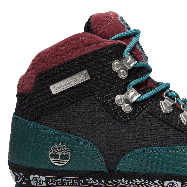 Close-up of The Timberland Dia de Muertos Euro Hiker Boot Grade school “Teal Full Grain” with white background