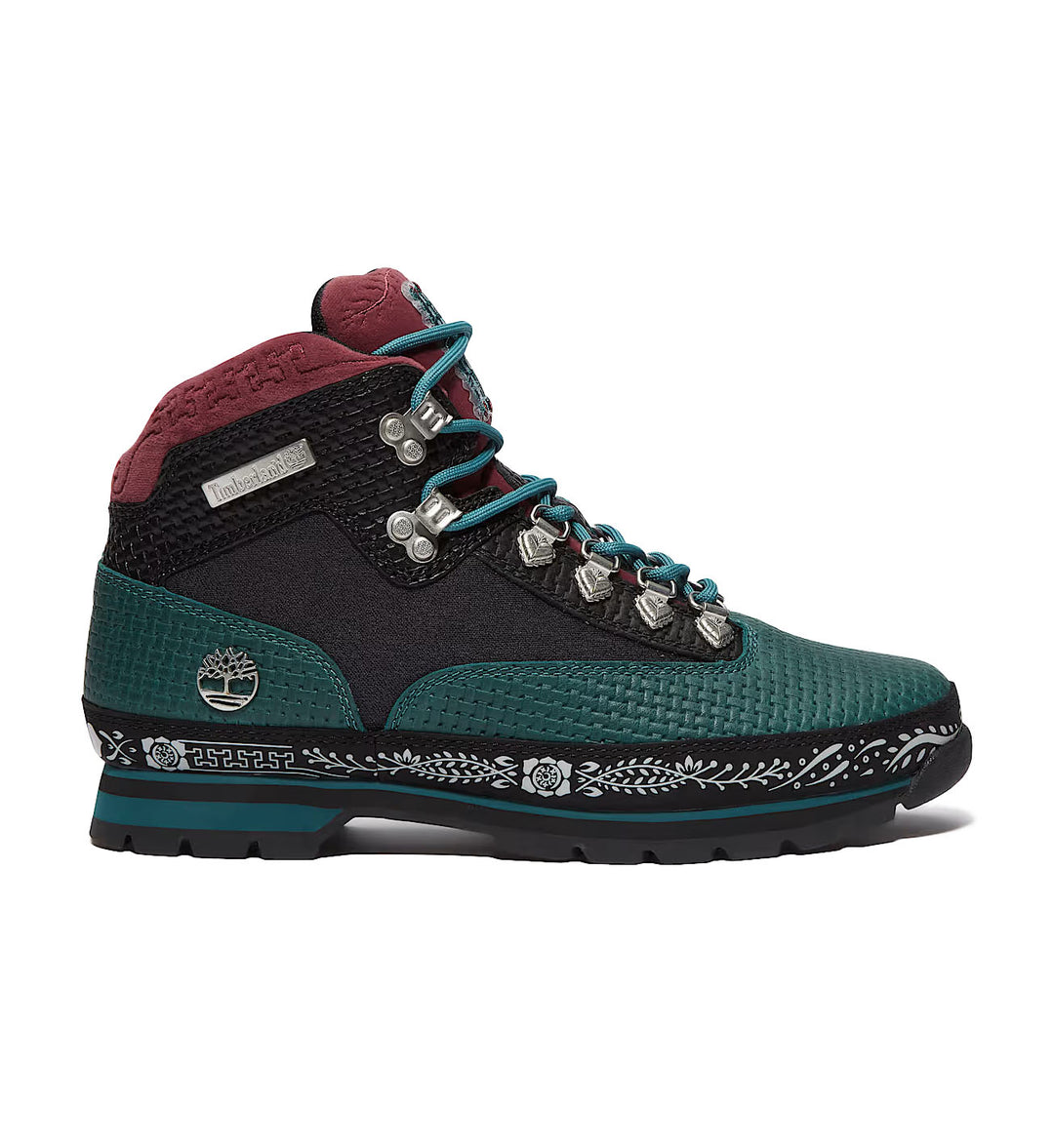 The Timberland Dia de Muertos Euro Hiker Boot GS “Teal Full Grain” with white background