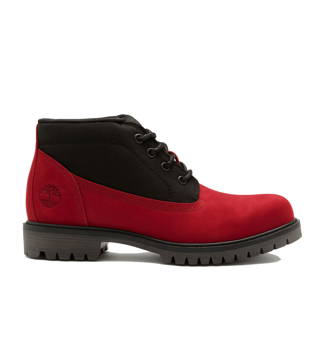 Red and black Timberland Premium Chukka Boot with Timberland logo on a white background