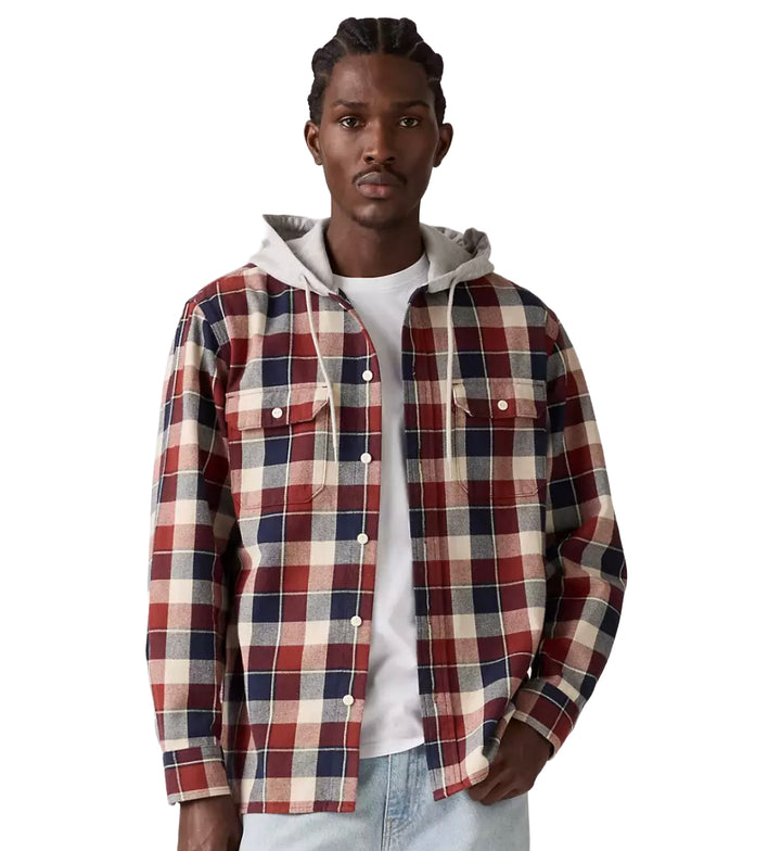 Man wearing Levi’s Plaid Hooded Classic Worker Shirt — Reeve Plaid Russet Brown 