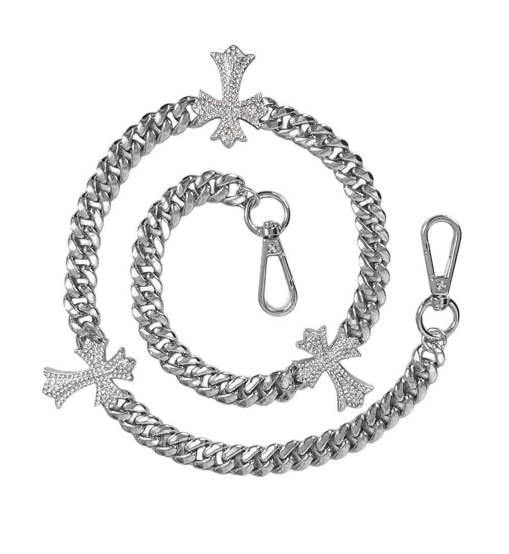 Jewelry Essentials Iced Out Triple Cross Cuban Pant Chain Silver | Pro Feet | BKC-157