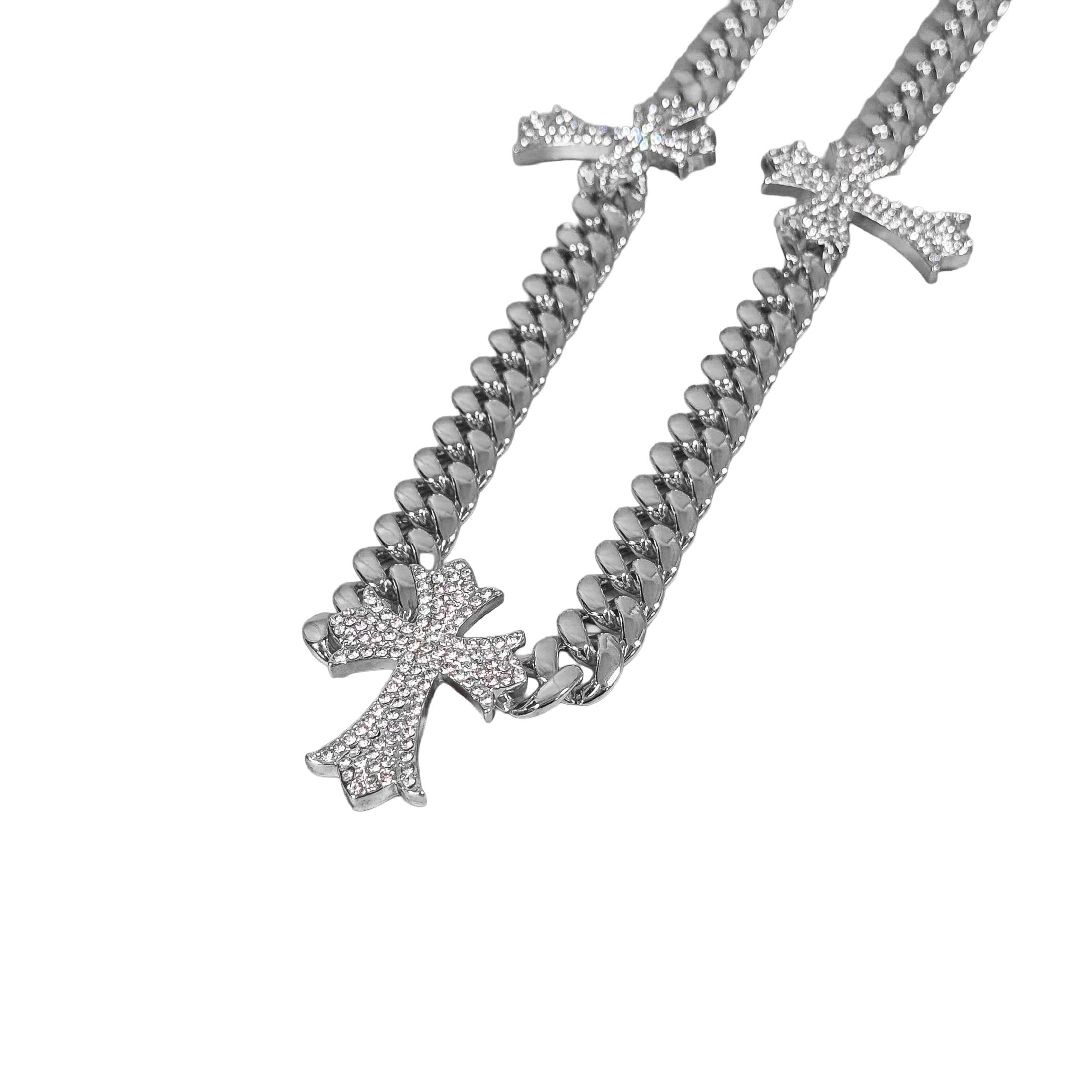 Jewelry Essentials Iced Out Triple Cross Cuban Pant Chain Silver | Pro Feet | BKC-157