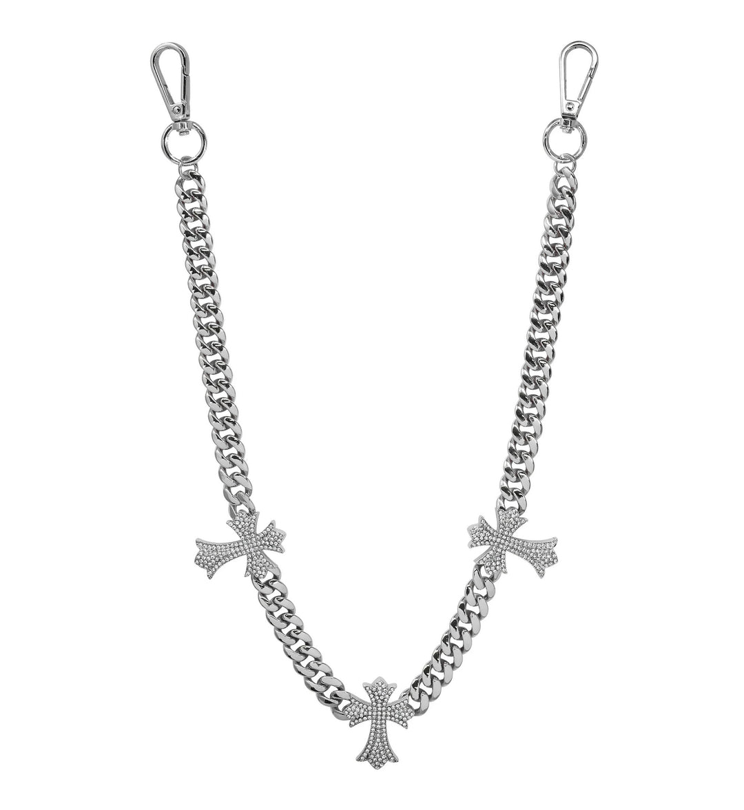 Jewelry Essentials Iced Out Triple Cross Cuban Pant Chain Silver | Pro Feet | BKC-157