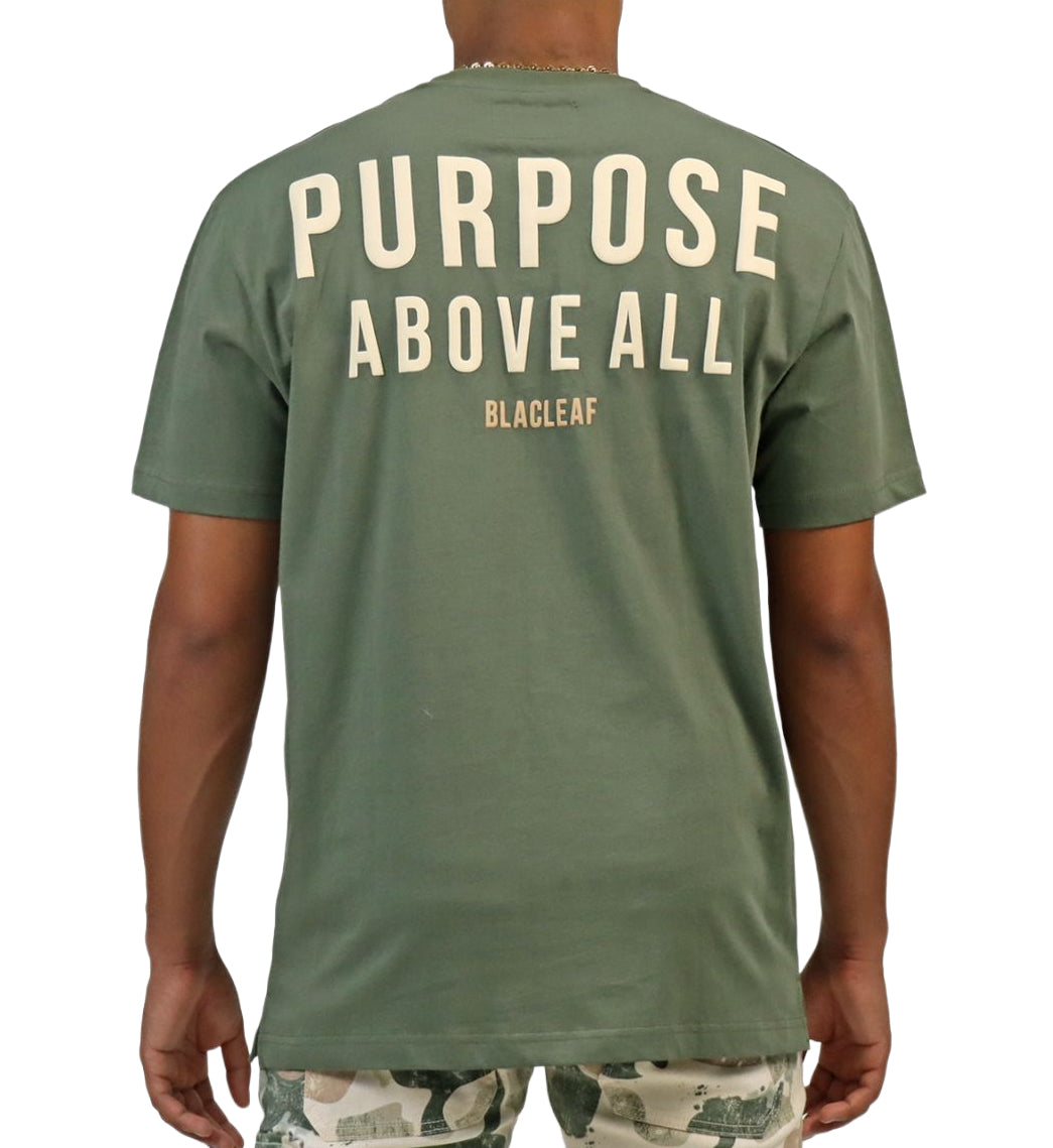 Person wearing Blac Leaf Purpose Above All T-Shirt “Military Olive” viewed from the back
